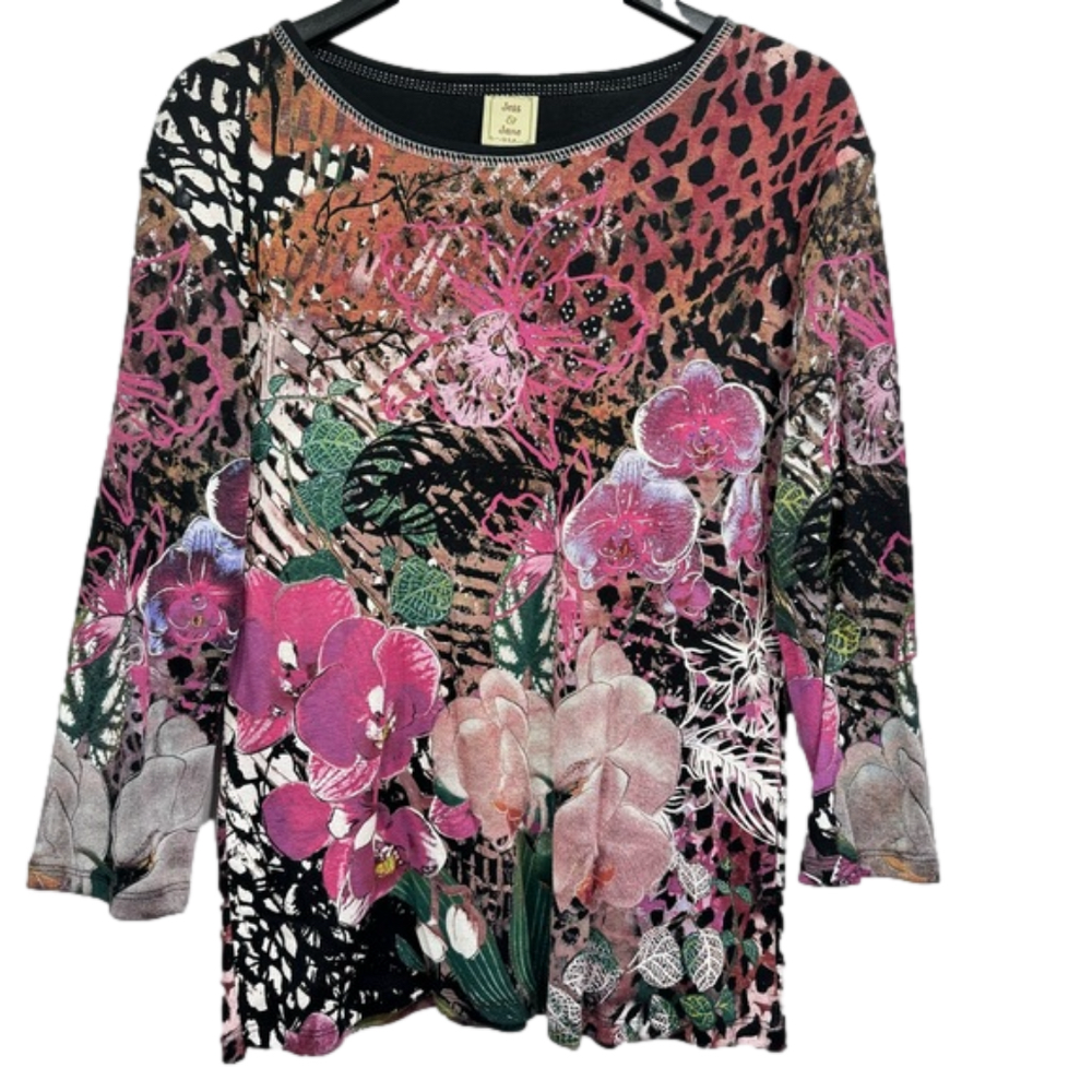 Jess & Jane Black Floral & Animal Print Cotton Top Sizes Small Med XL NEW